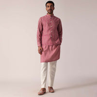 Festive Pink Jacket Kurta Set For Men With All-Over Print