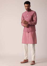 Festive Pink Jacket Kurta Set For Men With All-Over Print