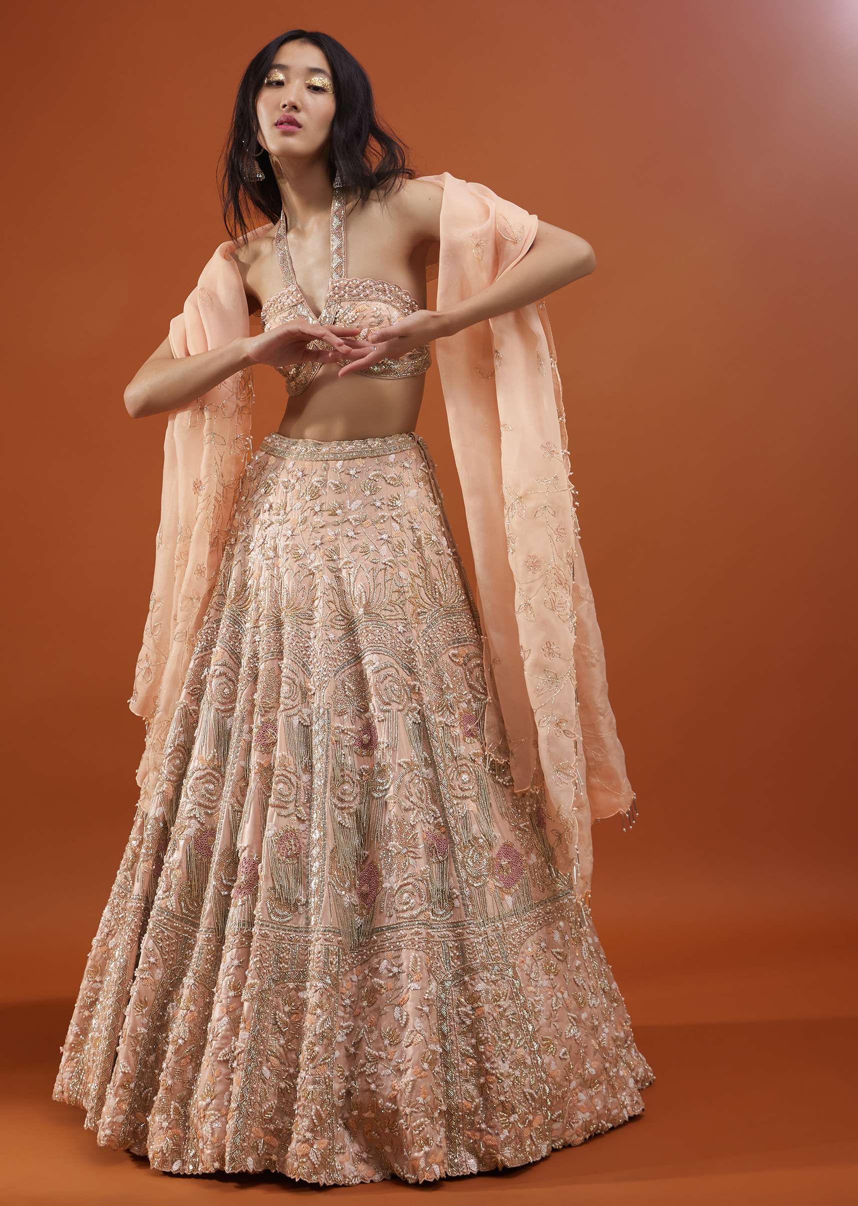 Powder Pink Festive Silver Pink Bela Lehenga Set In Embroidery And Halter Blouse - NOOR 2022