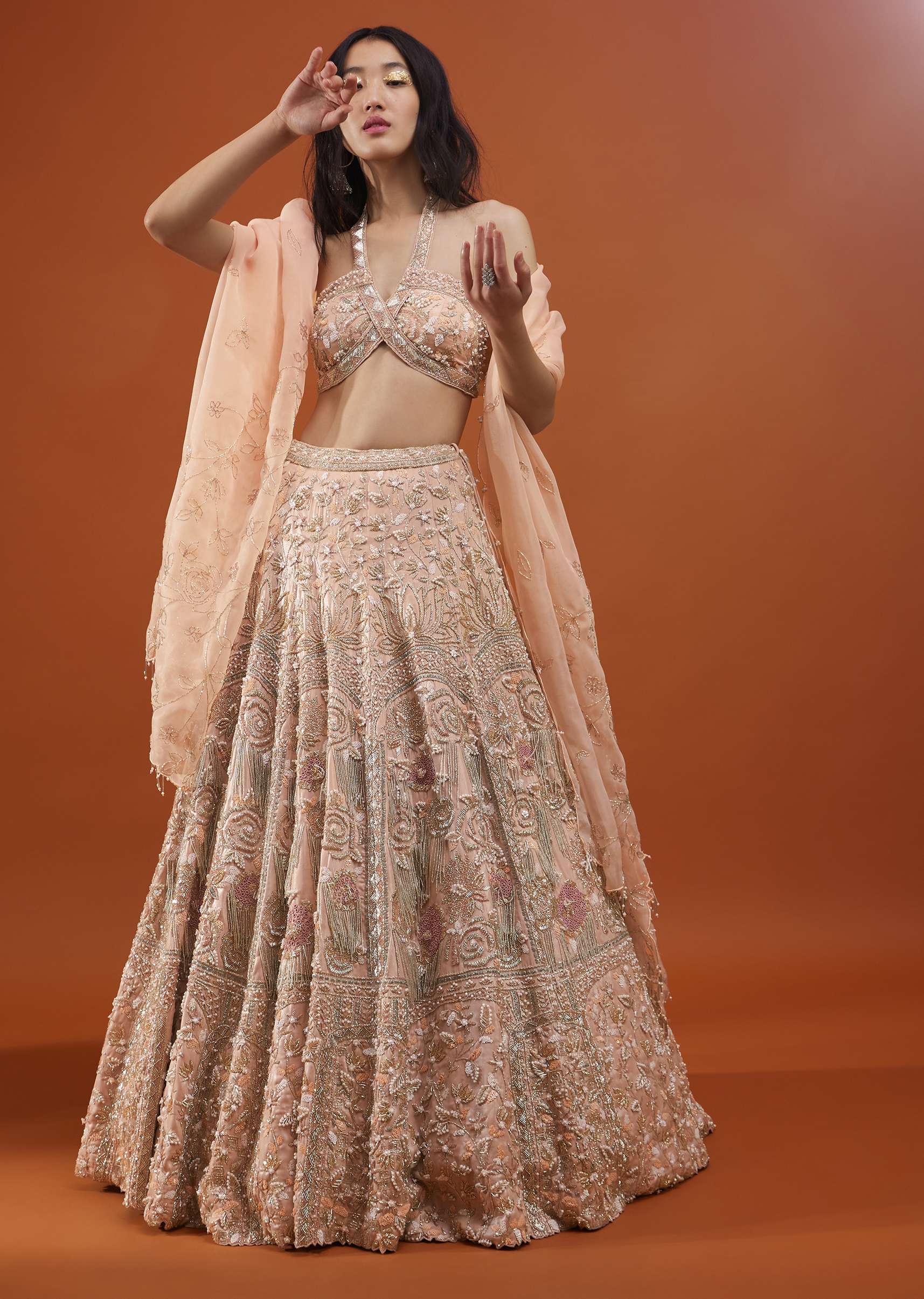 Powder Pink Festive Silver Pink Bela Lehenga Set In Embroidery And Halter Blouse - NOOR 2022