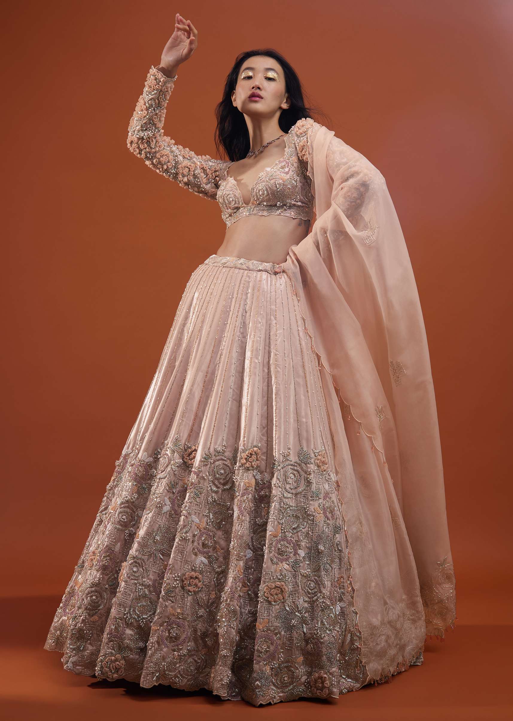 Candy Pink Festive Silver Pink Peony Lehenga Set In Organza With 3D Floral Embroidery - NOOR 2022