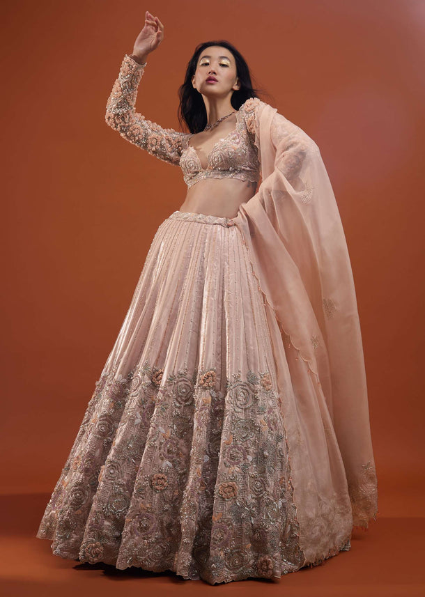 Candy Pink Festive Silver Pink Peony Lehenga Set In Organza With 3D Floral Embroidery - NOOR 2022
