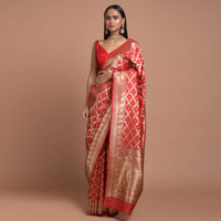 Fiery Red art handloom Saree In Silk With Woven Mesh Jaal