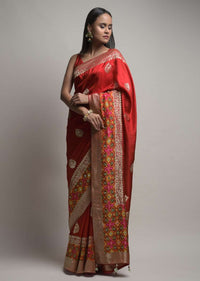 Fiery Red Banarasi Saree With Woven Buttis And Patola Border Along With Unstitched Blouse Online - Kalki Fashion