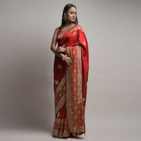 Fiery Red Banarasi Saree With Woven Buttis And Patola Border Along With Unstitched Blouse Online - Kalki Fashion