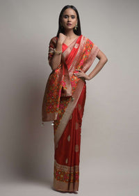 Fiery Red Banarasi Saree With Woven Buttis And Patola Border Along With Unstitched Blouse Online - Kalki Fashion