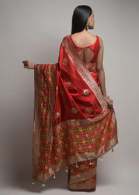 Fiery Red Banarasi Saree With Woven Buttis And Patola Border Along With Unstitched Blouse Online - Kalki Fashion