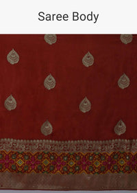 Fiery Red Banarasi Saree With Woven Buttis And Patola Border Along With Unstitched Blouse Online - Kalki Fashion