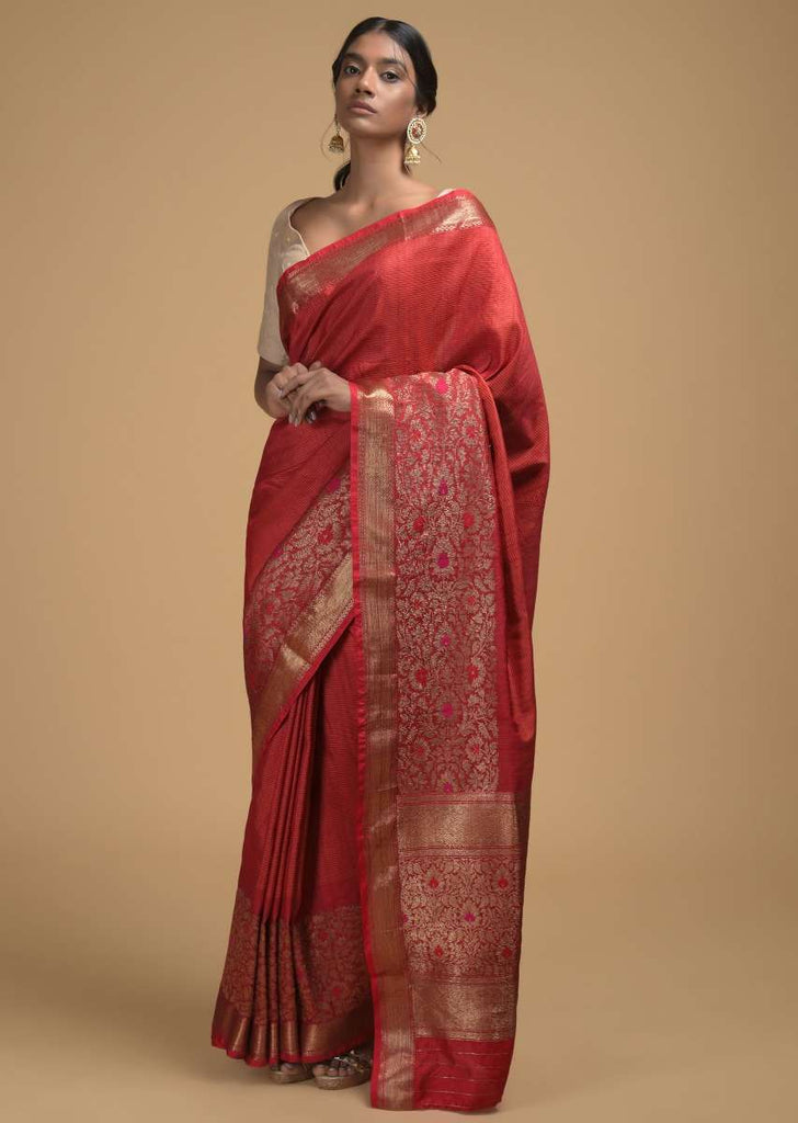 Fiery Red Pure Handloom Saree In Tussar Silk With Woven Stripes And Floral Border