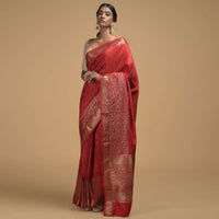 Fiery Red Pure Handloom Saree In Tussar Silk With Woven Stripes And Floral Border