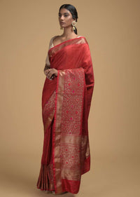 Fiery Red Pure Handloom Saree In Tussar Silk With Woven Stripes And Floral Border