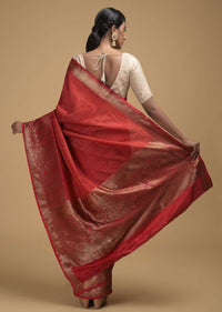 Fiery Red Pure Handloom Saree In Tussar Silk With Woven Stripes And Floral Border