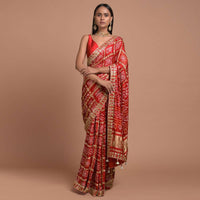 Fiery Red Saree In Cotton With Bandhani All Over And Woven Zari Checks