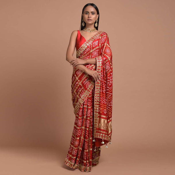 Fiery Red Saree In Cotton With Bandhani All Over And Woven Zari Checks