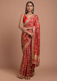 Fiery Red Saree In Cotton With Bandhani All Over And Woven Zari Checks