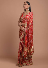 Fiery Red Saree In Cotton With Bandhani All Over And Woven Zari Checks