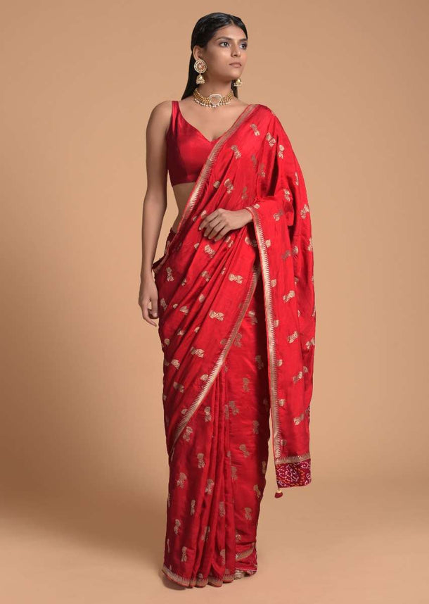 Fiery Red Saree In Dola Silk With Brocade Floral Buttis And Bandhani On The Pallu Online - Kalki Fashion