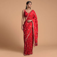 Fiery Red Saree In Dola Silk With Brocade Floral Buttis And Bandhani On The Pallu Online - Kalki Fashion