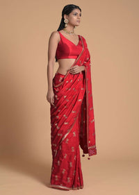 Fiery Red Saree In Dola Silk With Brocade Floral Buttis And Bandhani On The Pallu Online - Kalki Fashion