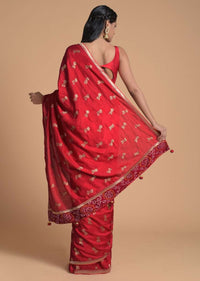 Fiery Red Saree In Dola Silk With Brocade Floral Buttis And Bandhani On The Pallu Online - Kalki Fashion