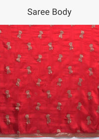 Fiery Red Saree In Dola Silk With Brocade Floral Buttis And Bandhani On The Pallu Online - Kalki Fashion