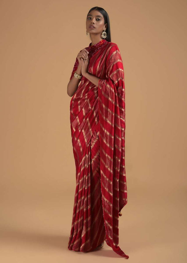 Fiery Red Saree In Dola Silk With Woven Zig Zag Stripes Online - Kalki Fashion