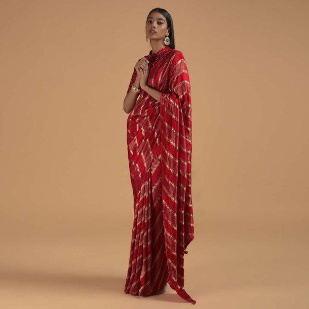 Fiery Red Saree In Dola Silk With Woven Zig Zag Stripes Online - Kalki Fashion