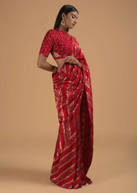 Fiery Red Saree In Dola Silk With Woven Zig Zag Stripes Online - Kalki Fashion