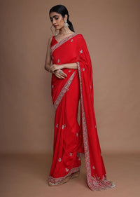 Fiery Red Saree In Dupion Silk With Zardozi Embroidered Buttis And Floral Border Online - Kalki Fashion