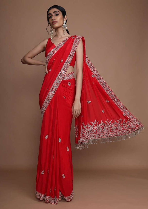 Fiery Red Saree In Dupion Silk With Zardozi Embroidered Buttis And Floral Border Online - Kalki Fashion