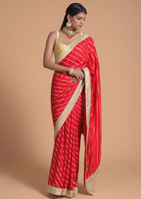 Fiery Red Saree In Faux Silk With Brocade Stripes And Gotta Patti Accents Online - Kalki Fashion