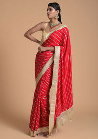 Fiery Red Saree In Faux Silk With Brocade Stripes And Gotta Patti Accents Online - Kalki Fashion