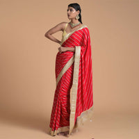 Fiery Red Saree In Faux Silk With Brocade Stripes And Gotta Patti Accents Online - Kalki Fashion