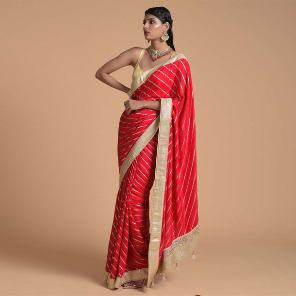 Fiery Red Saree In Faux Silk With Brocade Stripes And Gotta Patti Accents Online - Kalki Fashion