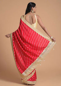 Fiery Red Saree In Faux Silk With Brocade Stripes And Gotta Patti Accents Online - Kalki Fashion