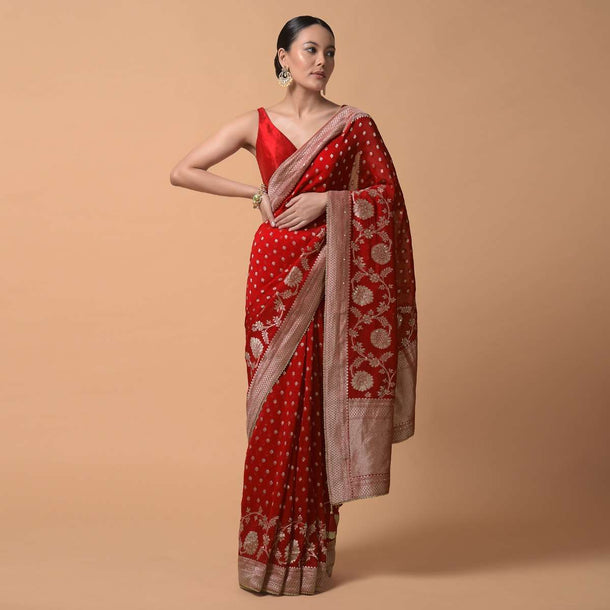 Fiery Red Saree In Georgette With Brocade Buttis And Floral Border Online - Kalki Fashion