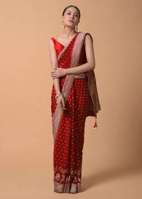 Fiery Red Saree In Georgette With Brocade Buttis And Floral Border Online - Kalki Fashion