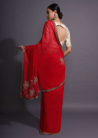 Fiery Red Saree In Georgette With Cut Dana Embellished Border And Palm Tree Motifs On The Pallu Online - Kalki Fashion