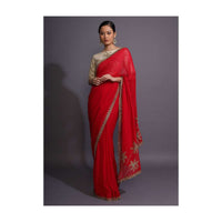 Fiery Red Saree In Georgette With Cut Dana Embellished Border And Palm Tree Motifs On The Pallu Online - Kalki Fashion