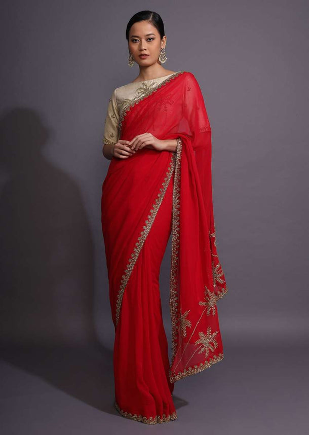 Fiery Red Saree In Georgette With Cut Dana Embellished Border And Palm Tree Motifs On The Pallu Online - Kalki Fashion