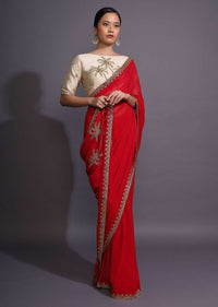 Fiery Red Saree In Georgette With Cut Dana Embellished Border And Palm Tree Motifs On The Pallu Online - Kalki Fashion