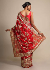 Fiery Red Saree In Georgette With Resham Embroidered Floral Jaal Online - Kalki Fashion