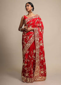 Fiery Red Saree In Georgette With Resham Embroidered Floral Jaal Online - Kalki Fashion