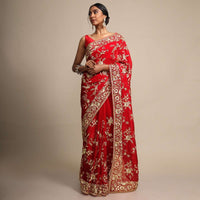 Fiery Red Saree In Georgette With Resham Embroidered Floral Jaal Online - Kalki Fashion