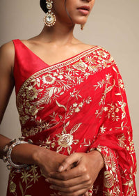 Fiery Red Saree In Georgette With Resham Embroidered Floral Jaal Online - Kalki Fashion