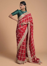 Fiery Red Saree In Georgette With Woven Checks And Bandhani Along With Gotta Patti Border Online - Kalki Fashion