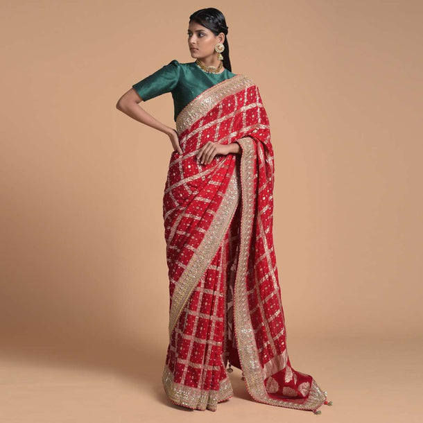 Fiery Red Saree In Georgette With Woven Checks And Bandhani Along With Gotta Patti Border Online - Kalki Fashion