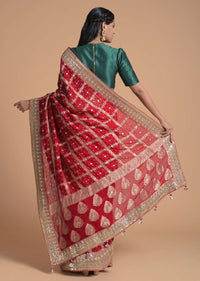 Fiery Red Saree In Georgette With Woven Checks And Bandhani Along With Gotta Patti Border Online - Kalki Fashion