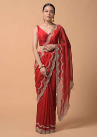 Fiery Red Saree In Organza With Heavy Cut Dana Embellished Border And Foil Printed Dots Online - Kalki Fashion