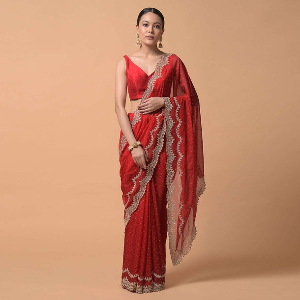 Fiery Red Saree In Organza With Heavy Cut Dana Embellished Border And Foil Printed Dots Online - Kalki Fashion